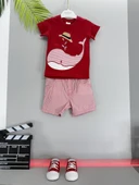 Balina Desenli Çizgili Şortlu Erkek Çocuk Takımı Kırmızı - 1