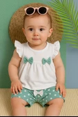 Puantiyeli Papyonlu Kısa Kollu Şortlu Takım Bej-Yeşil thumbnail 1