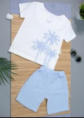 Palmiye Desenli Kısa Kollu Şortlu Takım Mavi thumbnail 3