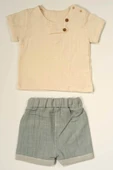 Düğme Detaylı Müslin Erkek Bebek 2'li Yazlık Takım Bej & Turkuaz thumbnail 1