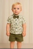 Tropikal Desenli Papyonlu Gömlek ve Şort Erkek Takımı Yazlık 2'li Kombin Yeşil - 1