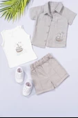 Denizci Temalı 3'lü Takım Gömlek Baskılı Tişört ve Şort Yazlık Kombin Gri - 2