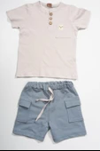 Düğme Detaylı Cepli Tişört ve Cepli Şortlu Erkek Takımı Gri & Mavi thumbnail 1