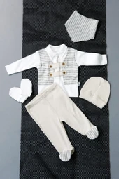 Çizgili Yelekli 5'Li Erkek Zıbın Bej & Beyaz thumbnail 1