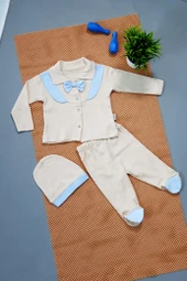 Unısex Şapkalı Bebek Zıbın Takım Bej & Turkuaz - 1