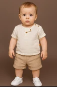 Düğme Detaylı Müslin Erkek Bebek 2'li Yazlık Takım Bej thumbnail 1
