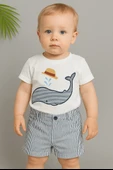 Balina Desenli Çizgili Şortlu Erkek Çocuk Takımı Lacivert thumbnail 1