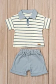 Çizgili Polo Yaka Şortlu Yazlık Erkek Takım Mavi thumbnail 2