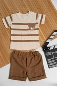 Kısa Kollu Çizgili Ayıcıklı Şortlu Takım Açık Kahverengi thumbnail 1