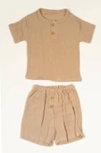 Düğme Detaylı 2'li Erkek Bebek Yazlık Takım Müslin Kahverengi thumbnail 2