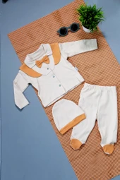 Unısex Şapkalı Bebek Zıbın Takım Bej & Turuncu thumbnail 1