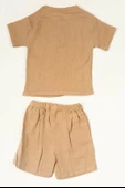 Düğme Detaylı 2'li Erkek Bebek Yazlık Takım Müslin Kahverengi thumbnail 3