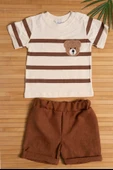 Kısa Kollu Çizgili Ayıcıklı Şortlu Takım Kahverengi thumbnail 1
