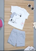 Köpek Baskılı Beyaz Tişört ve Gri Ekoseli Şort Takımı Gri thumbnail 3