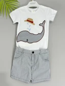 Balina Desenli Çizgili Şortlu Erkek Çocuk Takımı Lacivert thumbnail 3