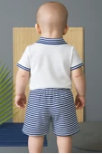 Çizgili Kısa Kollu Şortlu Takım Lacivert-Beyaz thumbnail 2