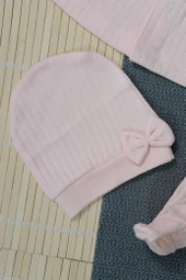 Salopet Askılı 3'lü Kız Bebek Zıbın Takımı Pudra thumbnail 3