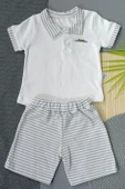 Çizgili Kısa Kollu Şortlu Takım Gri-Beyaz thumbnail 1