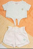 İnce Çizgili Kalp Armalı Body ve Cepli Beyaz Şortlu 2'li Yazlık Bebek Takımı Beyaz thumbnail 1
