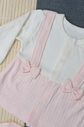 Salopet Askılı 3'lü Kız Bebek Zıbın Takımı Pudra thumbnail 2