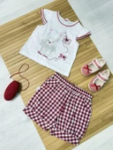 Ekose Şortlu Ayı Baskılı Kız Bebek Takımı Kırmızı thumbnail 1