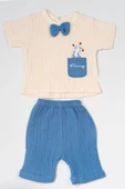 Papyonlu Nakış Detaylı 2'li Müslin Erkek Bebek Takımı Mavi thumbnail 2