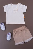 Düğme Detaylı Müslin Erkek Bebek 2'li Yazlık Takım Bej thumbnail 2
