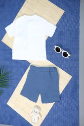 Müslin Ayıcıklı 2'li Erkek Şortlu Takım  Beyaz & Mavi thumbnail 2