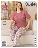 Sude Kadın Büyük Beden Düğme Yaka Penye Kısa Kol İnce Pijama Takımı P134 - 1 Adet  2XL Gül Kurusu thumbnail 4