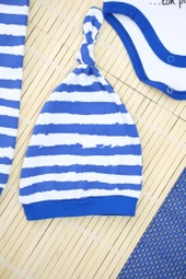 Unisex Penguen Desenli Mavi Çizgili 3'lü Body Bebek Takımı - 6