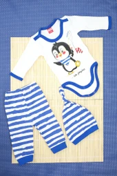 Unisex Penguen Desenli Mavi Çizgili 3'lü Body Bebek Takımı - 2