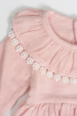 Pudra Rengi Çiçek Dantelli Fırfırlı Uzun Kollu Kız Bebek Elbise Pudra - 4