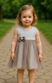 Çiçek Detaylı Tüllü Kız Çocuk Abiye Elbise Gri thumbnail 1
