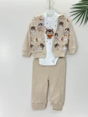 Ayıcık Baskılı Kapüşonlu Erkek Bebek 3'lü Çıtçıtlı Body Takım Açık Kahve thumbnail 1