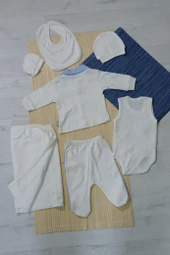 Unisex Ayıcık Desenli 7'li Zıbın Takımı Turkuaz Biyeli Krem thumbnail 2