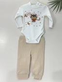 Ayıcık Baskılı Kapüşonlu Erkek Bebek 3'lü Çıtçıtlı Body Takım Açık Kahve thumbnail 5