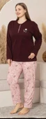 Sude Kadın Büyük Beden Düğme Yaka Penye Uzun Kol İnce Pijama Takımı A600-492 - 1 Adet  5XL Kahverengi thumbnail 2