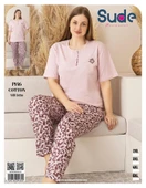 Sude Kadın Büyük Beden Düğme Yaka Penye Kısa Kol İnce Pijama Takımı P146 - 1 Adet  2XL Pembe thumbnail 4