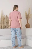 Sude Kadın Büyük Beden Düğme Yaka Penye Kısa Kol İnce Pijama Takımı P127 - 1 Adet  Pudra 3XL thumbnail 4