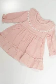 Pudra Rengi Çiçek Dantelli Fırfırlı Uzun Kollu Kız Bebek Elbise Pudra - 2