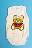 Unisex Baskılı Krem Body Çıtçıtlı Bisiklet Yaka Atlet Kol Beyaz - 2