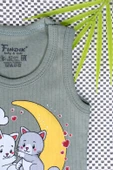 Unisex Bebek Kolsuz Zıbın Ay Üzerinde Kedi ve Kalp Baskılı Ribana Body Haki - 3