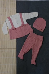 Salopet Askılı 3'lü Kız Bebek Zıbın Takımı Kiremitrengi thumbnail 1