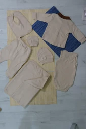 Unisex Ayıcık Desenli 7'li Zıbın Takımı Kahverengi Biyeli Krem - 2