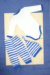 Unisex Penguen Desenli Mavi Çizgili 3'lü Body Bebek Takımı - 3