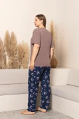 Sude Kadın Büyük Beden Düğme Yaka Penye Likralı Kısa Kol İnce Pijama Takımı P284 - 1 Adet  5XL Kahverengi thumbnail 3