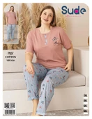 Sude Kadın Büyük Beden Düğme Yaka Penye Kısa Kol İnce Pijama Takımı P127 - 1 Adet  Pudra 3XL thumbnail 5