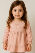 Pudra Rengi Çiçek Dantelli Fırfırlı Uzun Kollu Kız Bebek Elbise Pudra - 1
