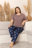 Sude Kadın Büyük Beden Düğme Yaka Penye Likralı Kısa Kol İnce Pijama Takımı P284 - 1 Adet  5XL Kahverengi thumbnail 2