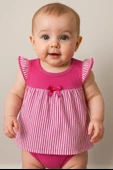 Çizgili Etekli Kız Bebek  Body Fuşya thumbnail 1